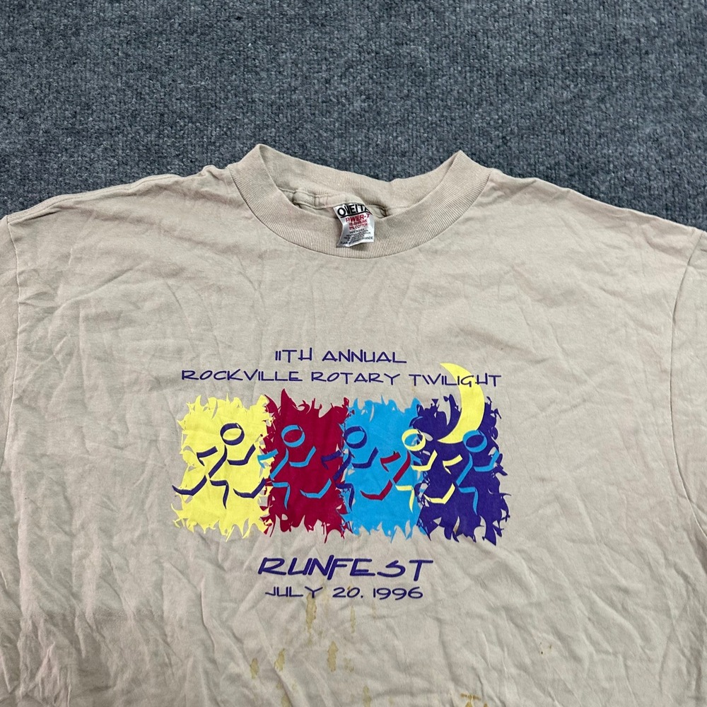 Oneita T-Shirt Mens Size XL Beige Cotton 1996 Runfest Graphic Vintage USA Made